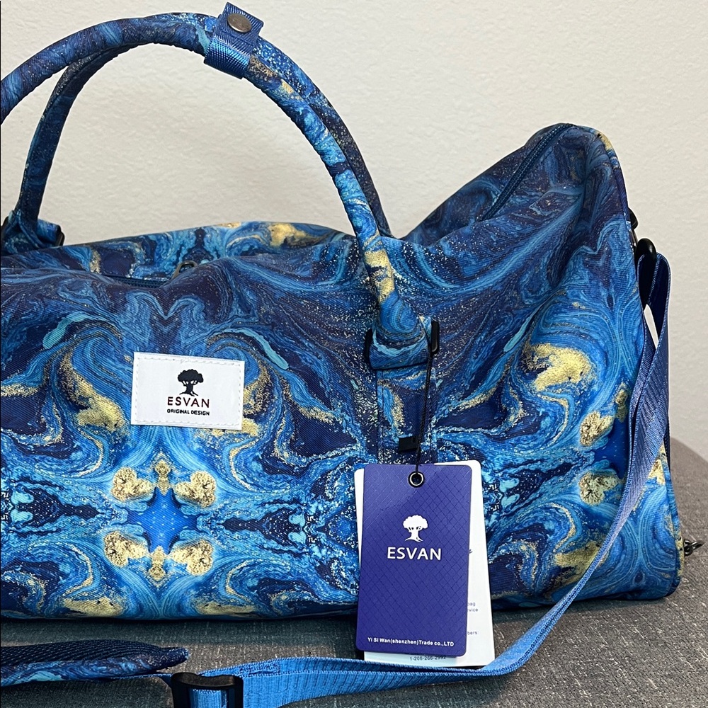 Esvan Blue and Gold Swirl Marble Duffle Travel Bag Weekender Shoe Pocket NWT